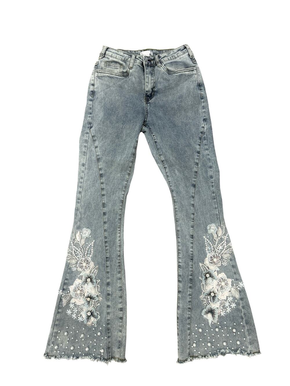 Venus Light Wash Flare Embroidered Pearl 70s Boho Bell Bottom Jeans 6